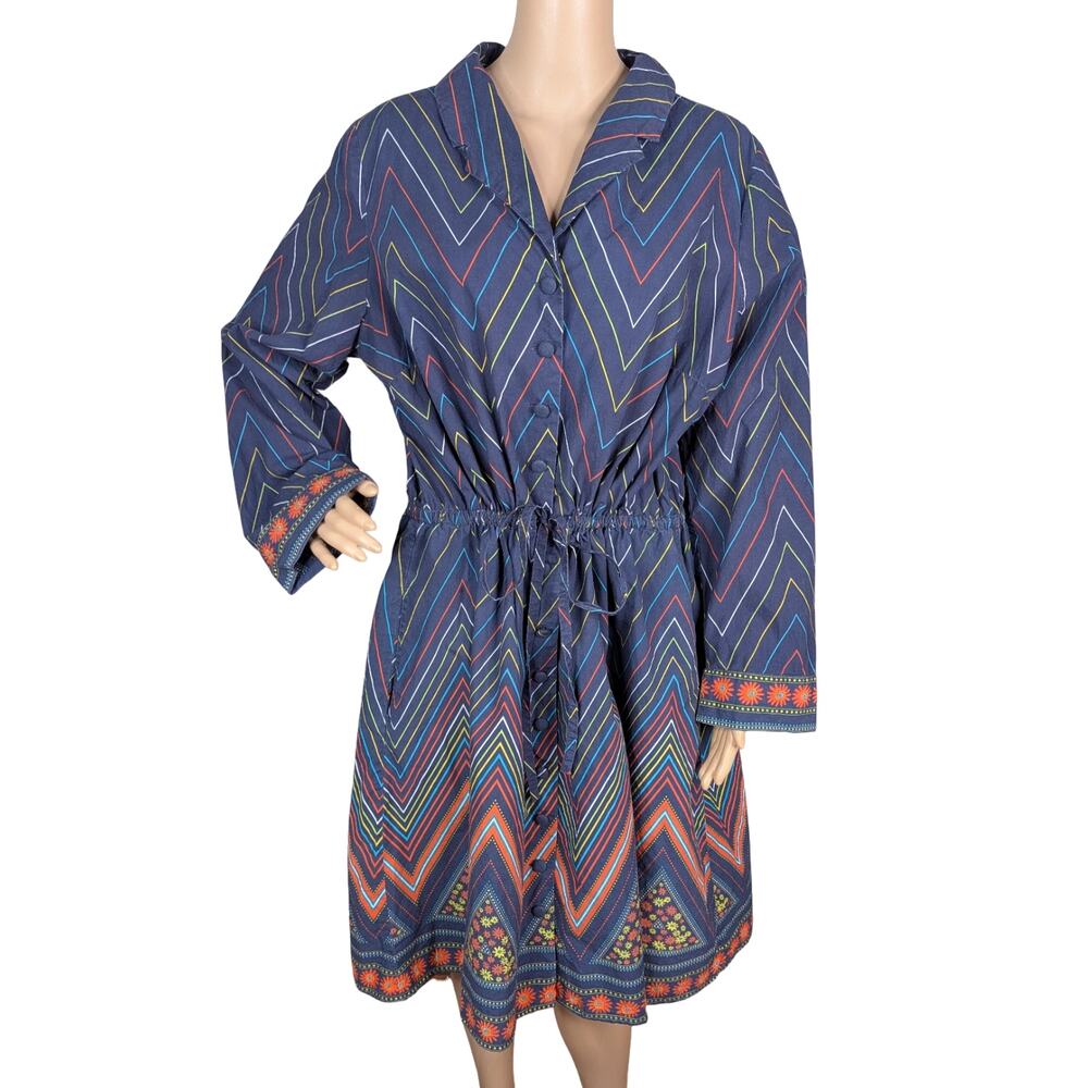 Leona Edmiston Blue Chevron Floral Border Button Swing Dress US 12 Rare
